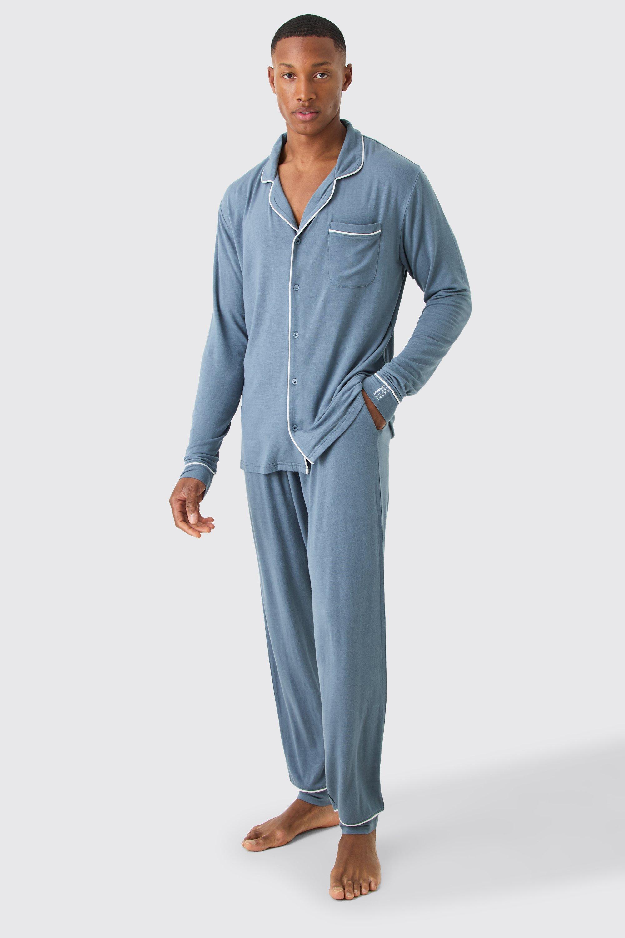 Mens Blue Premium Modal Mix Relaxed Lounge Shirt & Bottom Set, Blue